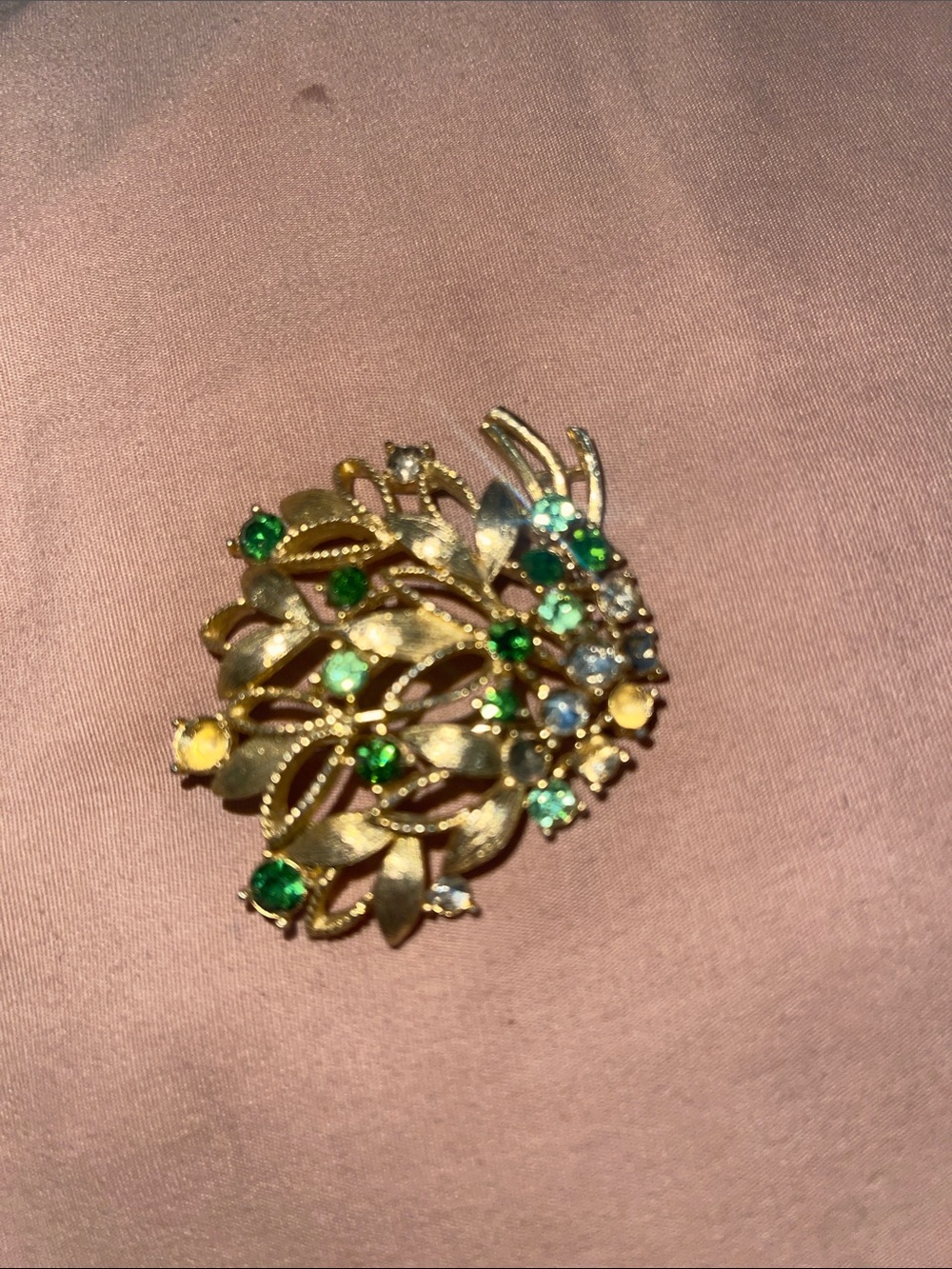 Gold-Tone Leaf Brooch with Green and Yellow Crystal Accents